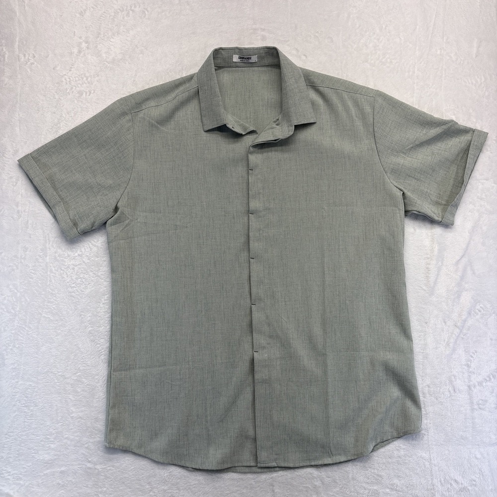 Coofandy Shirt Mens Large Green Linen Blend Short Sleeve Button Up Casual Modern